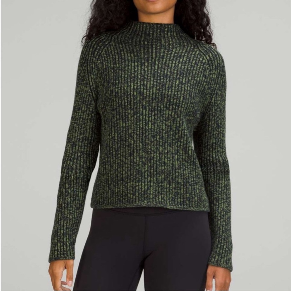 Lululemon Ribbed Mock Neck Sweater Green Black Wool Cashmere Blend Size 4